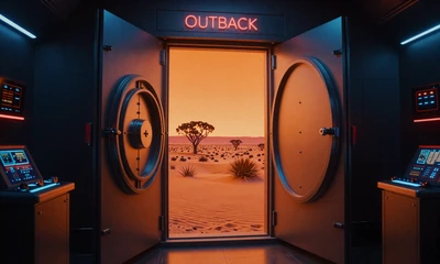 After Everyone Is Asleep playlist update - digital playlist door opening to glowing orange global desert landscape