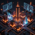 Cyberpunk city builder game - isometric view of neon buildings under construction with holographic blueprints