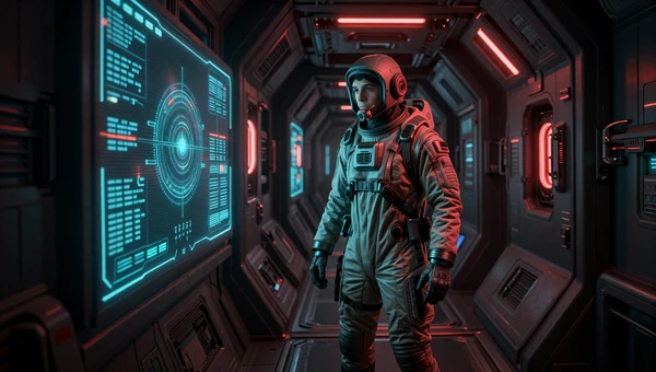Quietly Lost in Space playlist - lone survivor in emergency-lit space station corridor with holographic displays