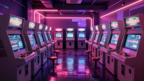 Still Thinking in Pixels playlist - neon-lit vintage arcade hall with glowing cabinets and synthwave pink and purple glow