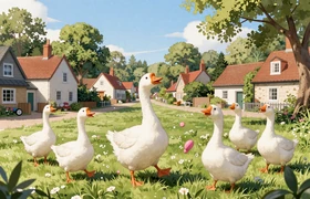 Untitled Goose Game-inspired art - white goose causing cheerful chaos in sunny English village watercolor style