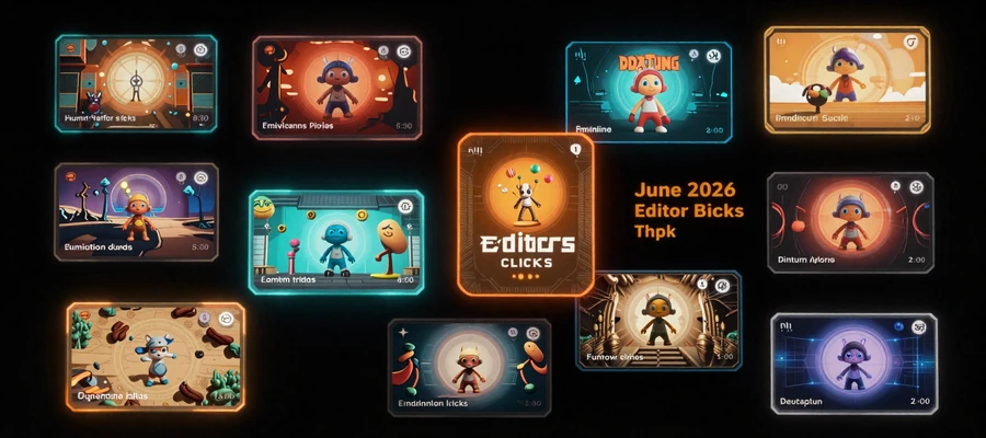 Softlaunch Games Editors' Roundup June 2026 - holographic collection of best indie game picks floating in neon environment