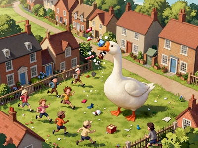 Quirky stealth comedy game - mischievous goose causing chaos in a sunny British village