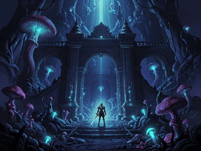 Atmospheric underground kingdom game - tiny knight explores ancient glowing ruins