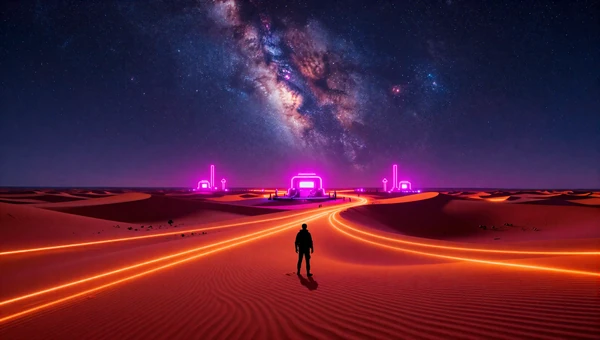 After Everyone Is Asleep playlist - cyberpunk global desert at night with neon light trails across red sand dunes