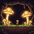 Pixel adventure game - tiny hero in glowing bioluminescent mushroom cave