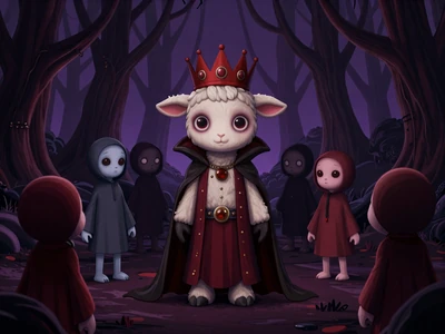 Cult strategy game - adorable sinister lamb cult leader in eerie dark forest clearing