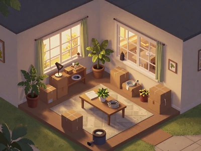 Cozy narrative unpacking game - warm isometric view of suburban house interior with golden light