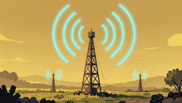 Made by a Very Small Team playlist - small radio tower transmitting colorful neon story waves in pixelated landscape
