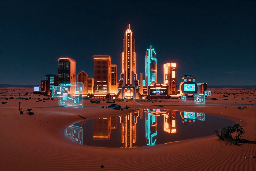 Stylised digital game library with luminous interfaces and a cinematic cityscape