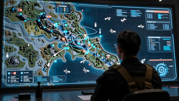 For the Spreadsheet Enthusiast playlist - modern war room with holographic battle map and tactical unit markers
