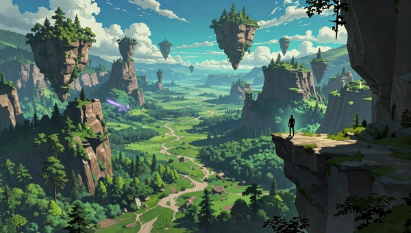 No Need to Rush playlist - vast fantasy landscape with floating islands seen from a mountain peak