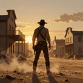 Western RPG game - lone gunslinger silhouette at golden sunset in dusty landscape town
